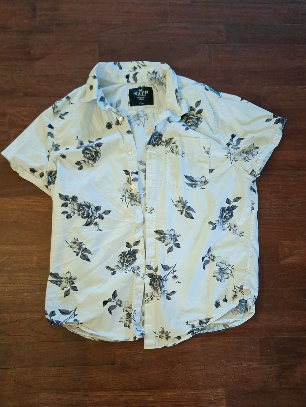 Hollister White Short-Sleeve Button-Down with Navy Floral Print